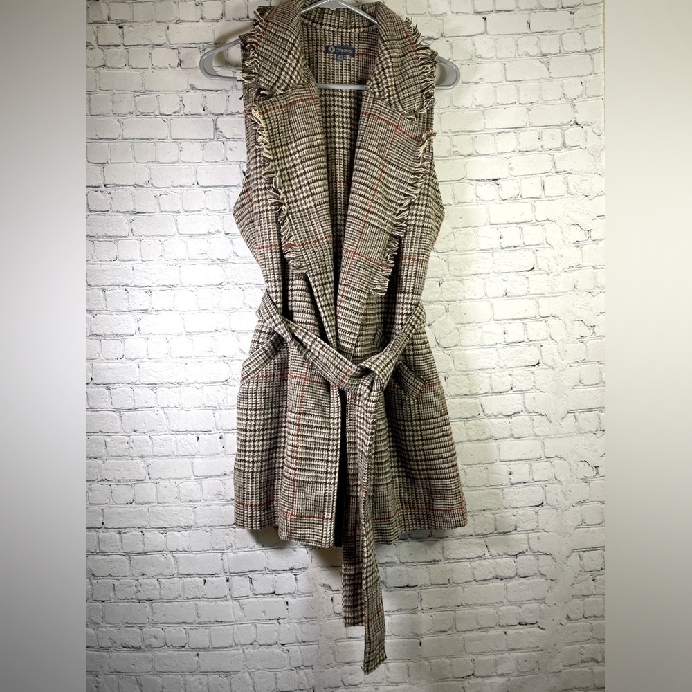 Democracy Brown Cream Blue Plaid Wrap Dress Boho Chic Sweater Vest Size XS